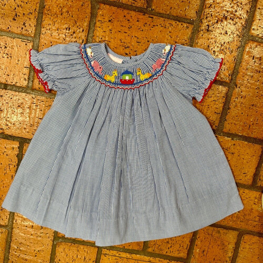 Petit Bebe - Girls Blue Check Smocked Animals Dress - Size 9M